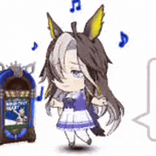 a cartoon character is dancing in front of a jukebox with music notes flying around her .