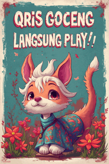 a poster with a cat and the words " qris goceng langsung play " on it