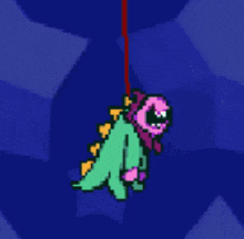 a pixel art of a dinosaur hanging from a rope
