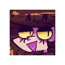 a pixel art of a person wearing a hat and glasses with a purple tongue sticking out .