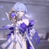 a girl with blue hair and a purple dress is holding a sword in her hand .