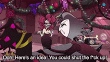 a cartoon character is talking to another character in a room .