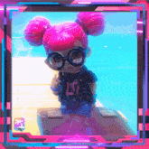 a cartoon girl with pink hair and glasses is standing on a dock