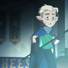 a cartoon character is holding a stick in front of a sign that says hees
