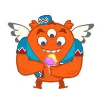 a cartoon monster with wings is eating an ice cream cone with the letter m on his hat