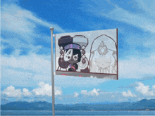 a flag with a picture of a bride and groom flying in the wind