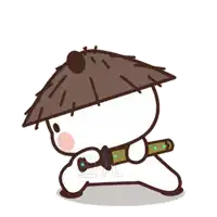 a cartoon character wearing a thatched hat and holding a sword