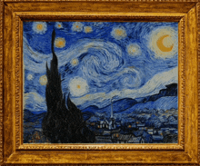 a framed painting of a starry night sky with a crescent moon