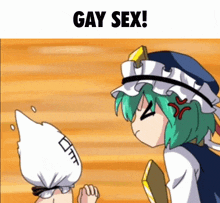 a cartoon girl with green hair and a hat is standing next to another girl with a pillow on her head .