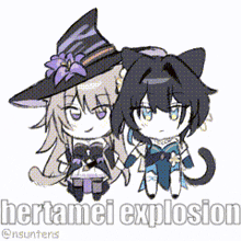 a cartoon of a witch and a cat holding hands with the words hertamei explosion behind them