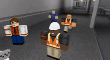 a group of roblox characters standing in a hallway with one wearing a hard hat