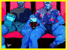 a drawing of two men sitting next to each other with one holding a cup and a bag of popcorn