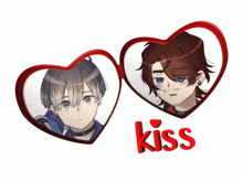 two anime characters in heart shaped frames with the word kiss underneath
