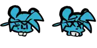 two drawings of a blue cartoon character with a hat on