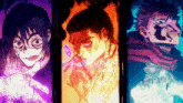 three anime characters are shown in a row with one having a s on his face
