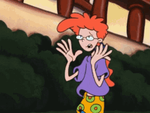 a cartoon character with red hair and glasses stands in front of a fence