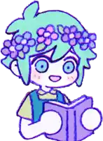 a drawing of a person with flowers on their head reading a book