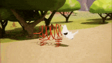 a cartoon rhino is playing on a red spring in a park .