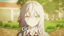 a girl with white hair and green eyes says cici core in front of her