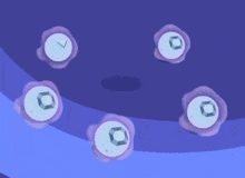 a cartoon character 's feet are surrounded by purple circles and a clock with the number 7