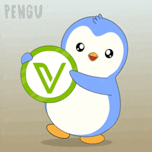 a penguin is holding a green circle with a green v on it