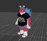 a cartoon character is walking on a checkered floor wearing a black shirt that says `` everybody else '' .