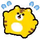 a pixel art drawing of a yellow tiger with blue bubbles around it .