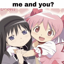 two anime girls are hugging each other with the words me and you below them
