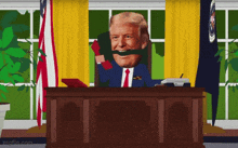 a cartoon of donald trump sitting at a desk with his mouth taped