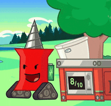a cartoon drawing of a red object with a cone on top of it