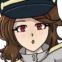 a pixel art drawing of a girl with red eyes and a hat