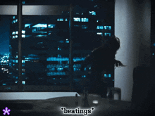 a picture of a woman standing in front of a window with the words * beatings * on the bottom right