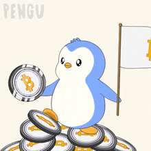 a penguin is holding a coin and a flag with the letter b on it