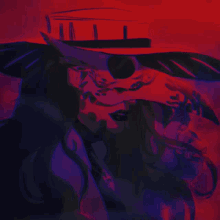 a drawing of a woman wearing a hat with a purple background