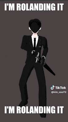 a man in a suit and tie is holding a sword and says " i 'm rolanding it "