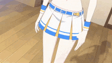 a cheerleader wearing a blue and white skirt with a star on her belt