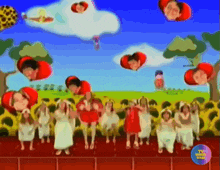 a group of people are dancing in front of a field of sunflowers and balloons with their faces on them