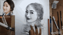a black and white drawing of a woman is made in animatica