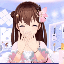 a girl in a pink dress with a star in her hair covering her mouth