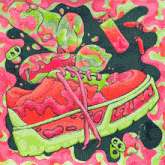 a colorful drawing of a shoe with a strawberry design