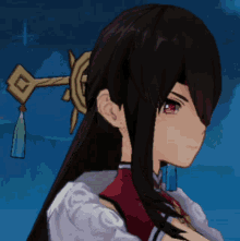 a close up of a girl 's face in a video game with a key in her hair