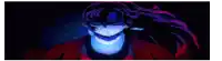a close up of a person 's face in a dark room with a blue light behind them .