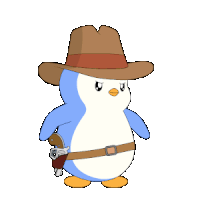 a cartoon penguin wearing a cowboy hat holds a gun