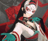 a woman wearing a mask with the letter s on it is standing in front of a red and black background