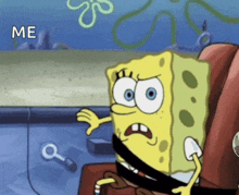 a cartoon of spongebob wearing a seat belt with the words me below him