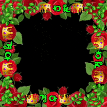 a frame with red roses and gold crowns on a black background with chinese writing