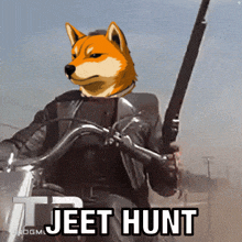 a cartoon of a dog riding a motorcycle with the words jeet hunt below him