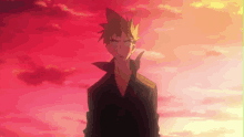 a cartoon character stands in front of a pink sky