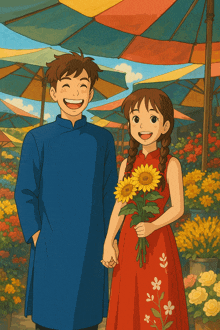 a boy and a girl are holding hands in front of a flower market