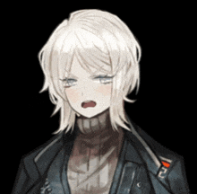 a girl with white hair is wearing a black jacket and a sweater